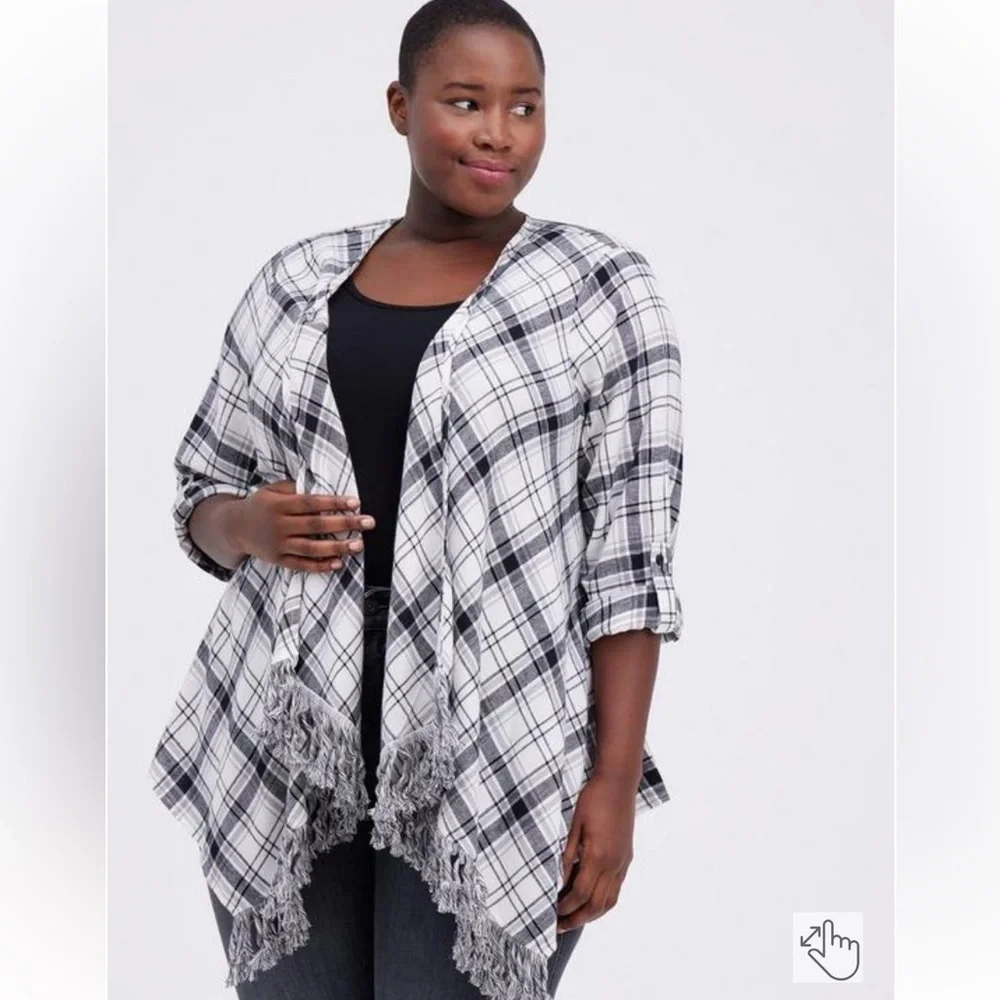 Torrid Flannel Drape Fringe Jacket